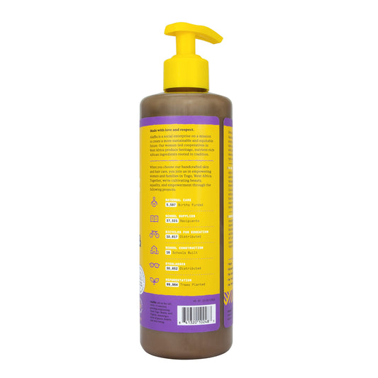 Alaffia Wild Lavender essence bottle suggests calming, soothing cleanse for body and mind.