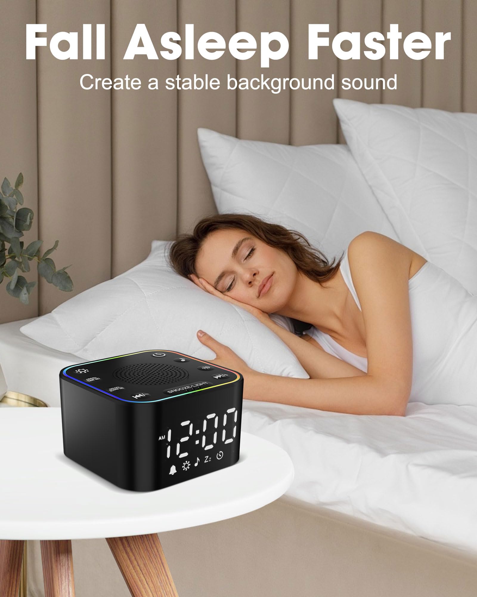 Alampan white-noise-sound-machine bedside setup shows accessible controls for quick adjustments.