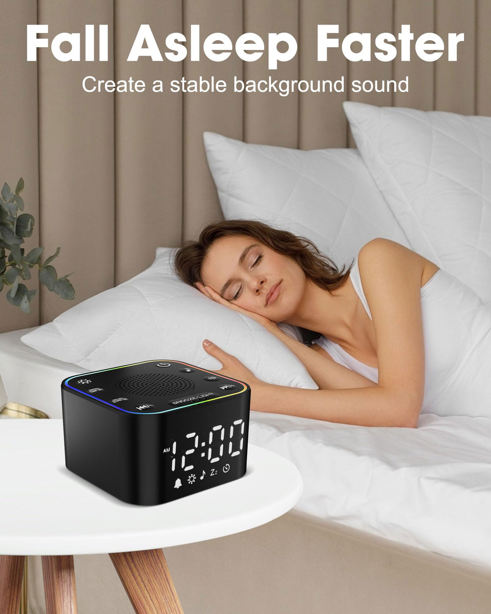 Alampan white-noise-sound-machine bedside setup shows accessible controls for quick adjustments.