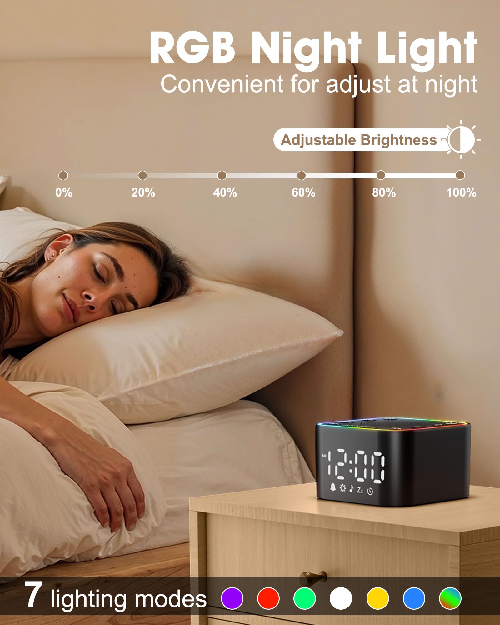 Alampan white-noise-sound-machine timer settings illustrate flexible sleep planning and wake times.