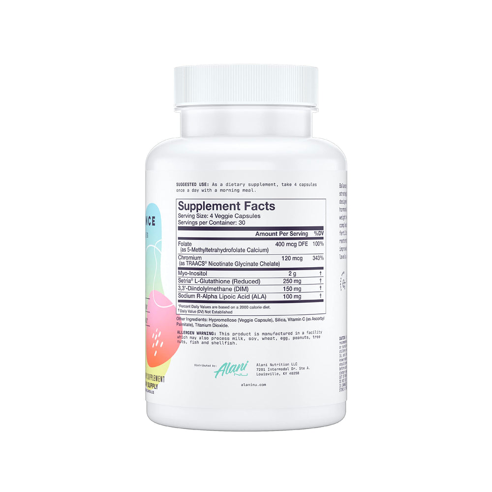 Alani Nu Balance supplement bottle with capsules on white background