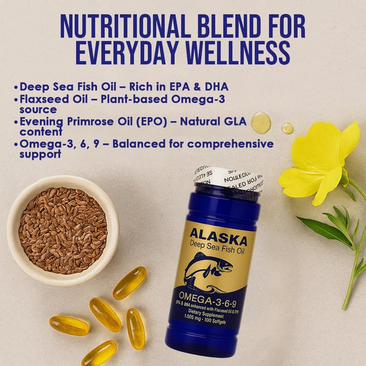 Close-up of Alaska Deep Sea Fish Oil Omega-3-6-9 softgels bottle label