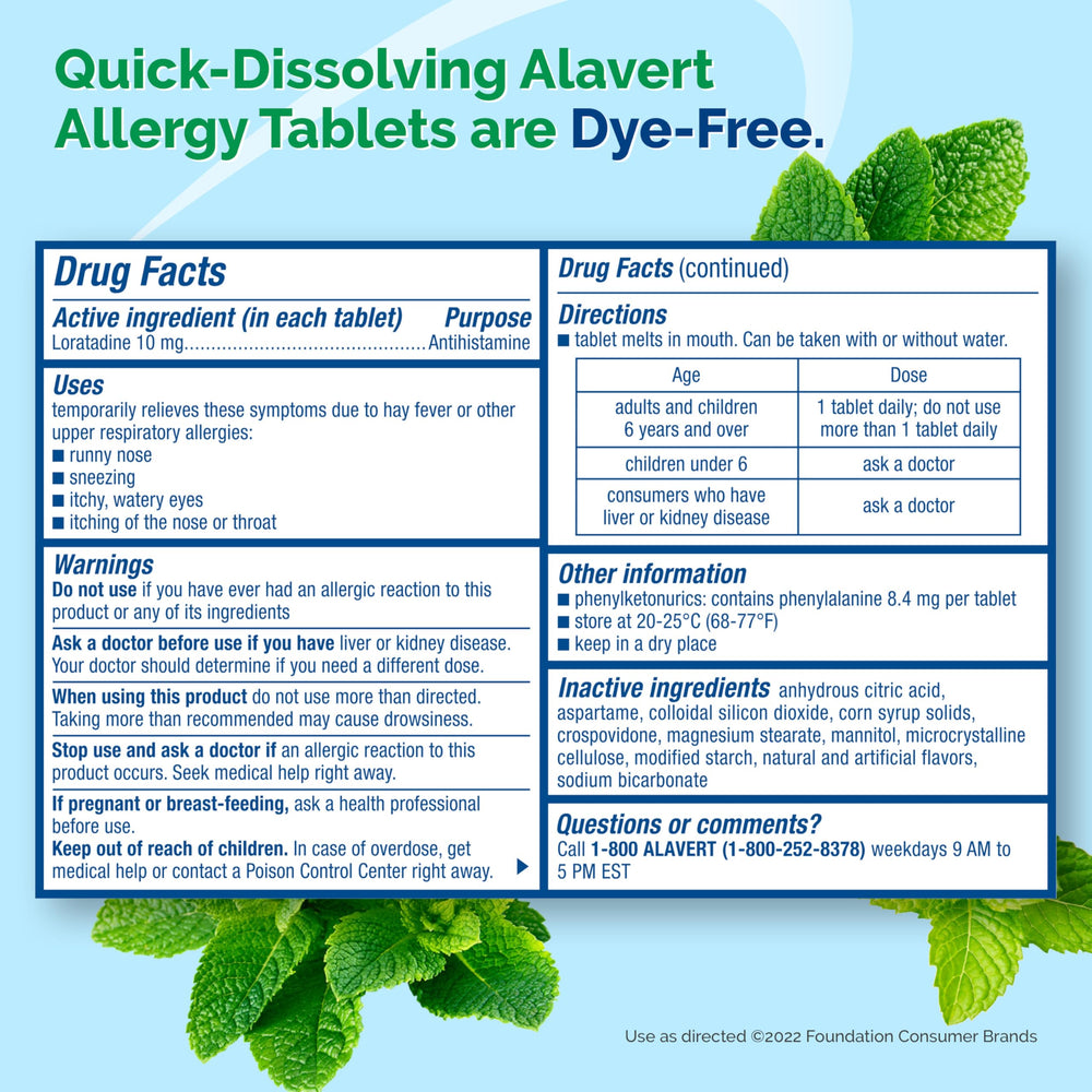 Alavert non-drowsy antihistamine label highlights everyday symptom support