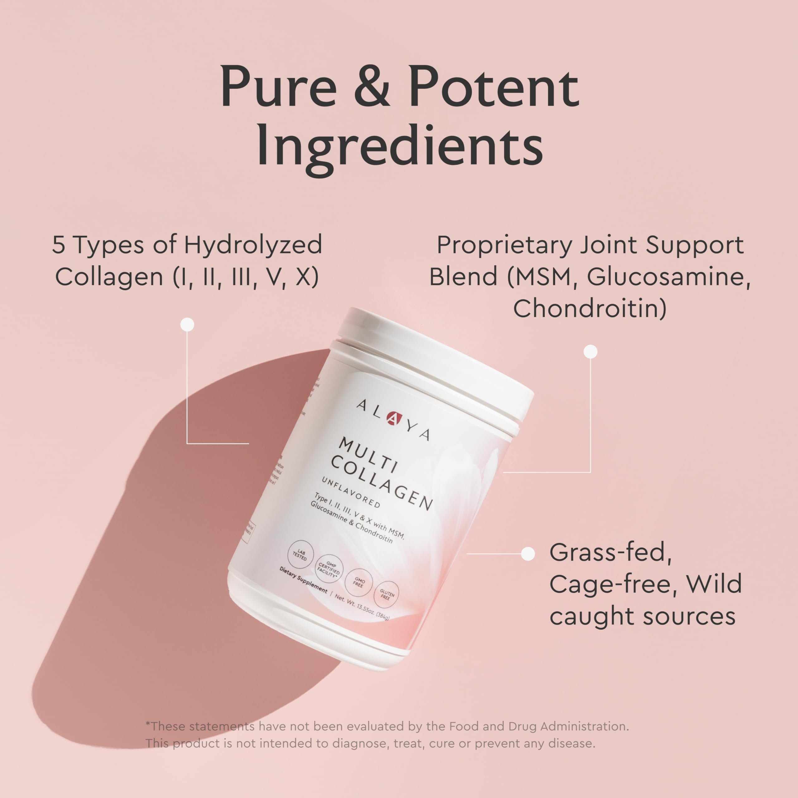 Ingredient panel showing Types I, II, III, V, X collagen with MSM
