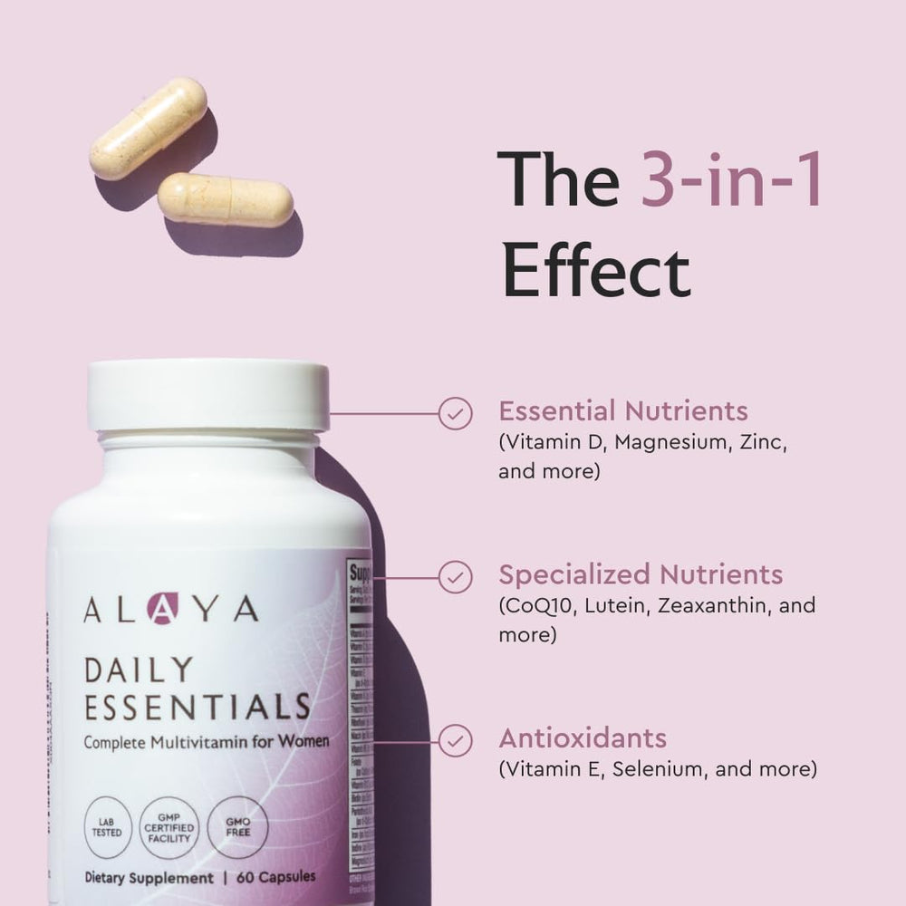 Daily Essentials multivitamin bottle on a kitchen counter