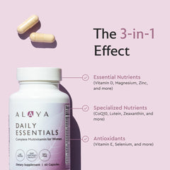 Daily Essentials multivitamin bottle on a kitchen counter