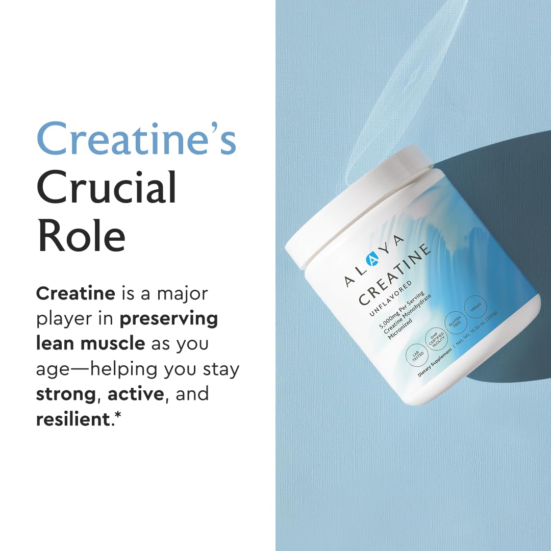 Alaya Naturals Micronized Creatine Powder label shows vegan and non-GMO purity