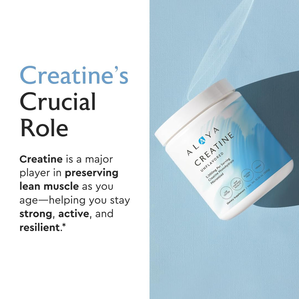 Alaya Naturals Micronized Creatine Powder label shows vegan and non-GMO purity