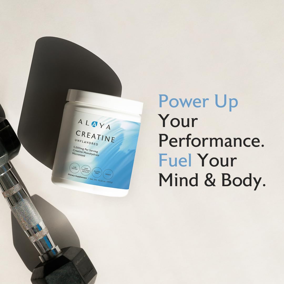 Alaya Naturals Micronized Creatine Powder scoop for precise daily dosing during workouts