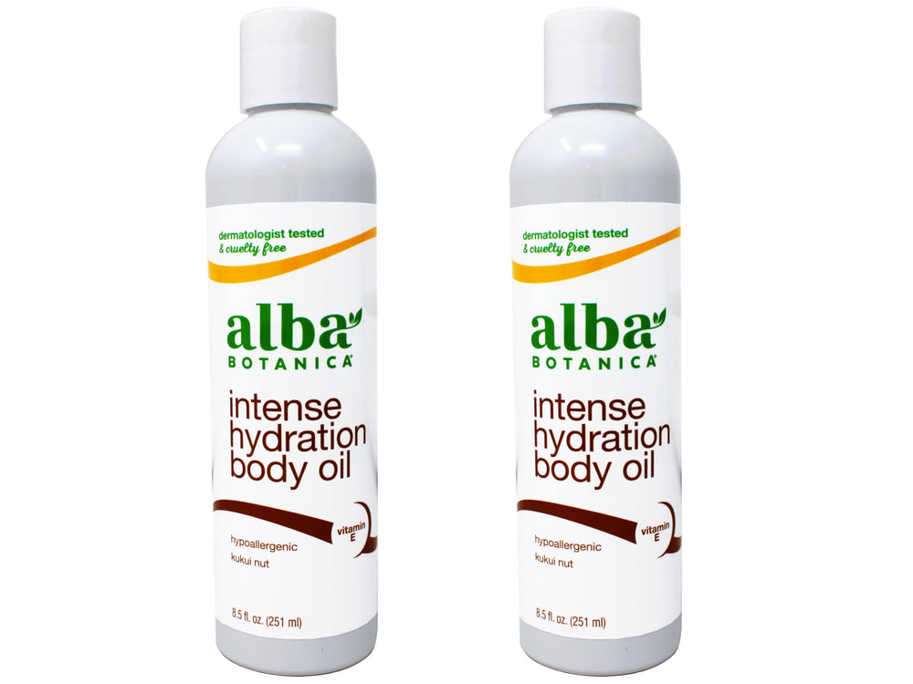Front view of Alba Botanica Hawaiian Body Oil Kukui Nut 8.5 oz bottle – 2 pack