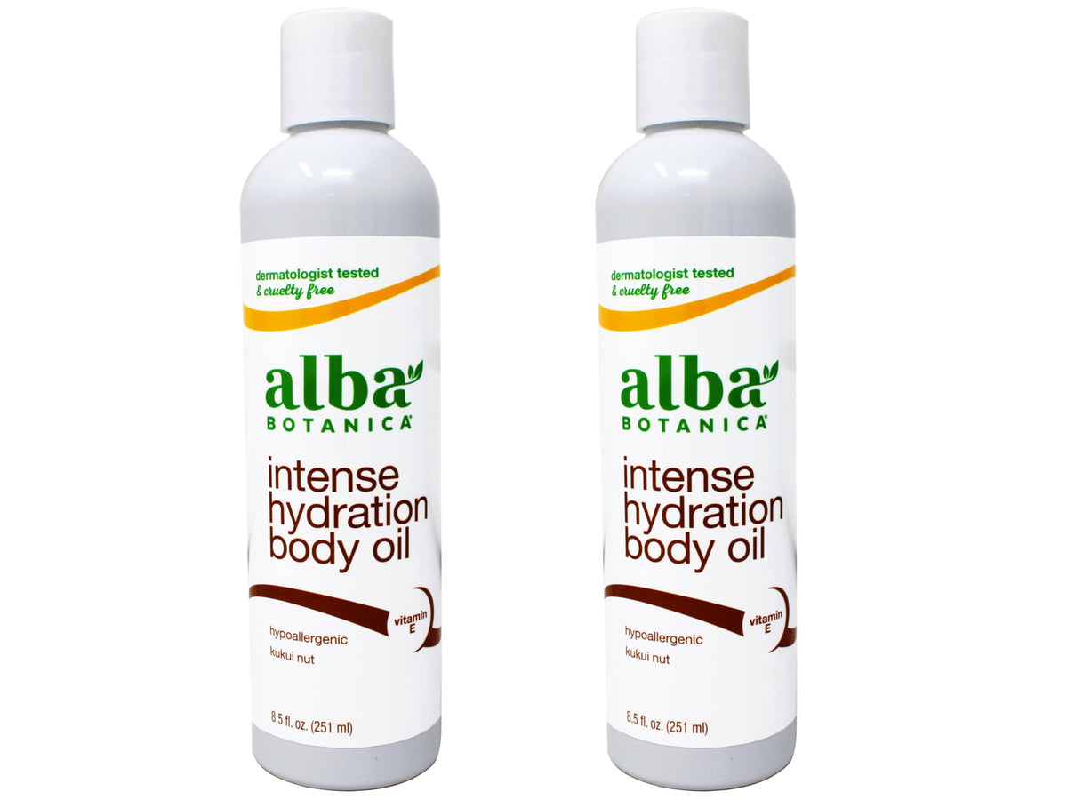 Front view of Alba Botanica Hawaiian Body Oil Kukui Nut 8.5 oz bottle – 2 pack