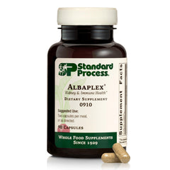 Albaplex bottle highlighting liver and immune health benefits