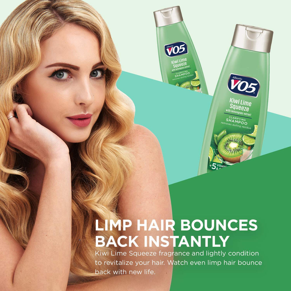 Alberto VO5 Kiwi Lime Squeeze close-up reveals kiwi-lime extracts for gentle cleansing