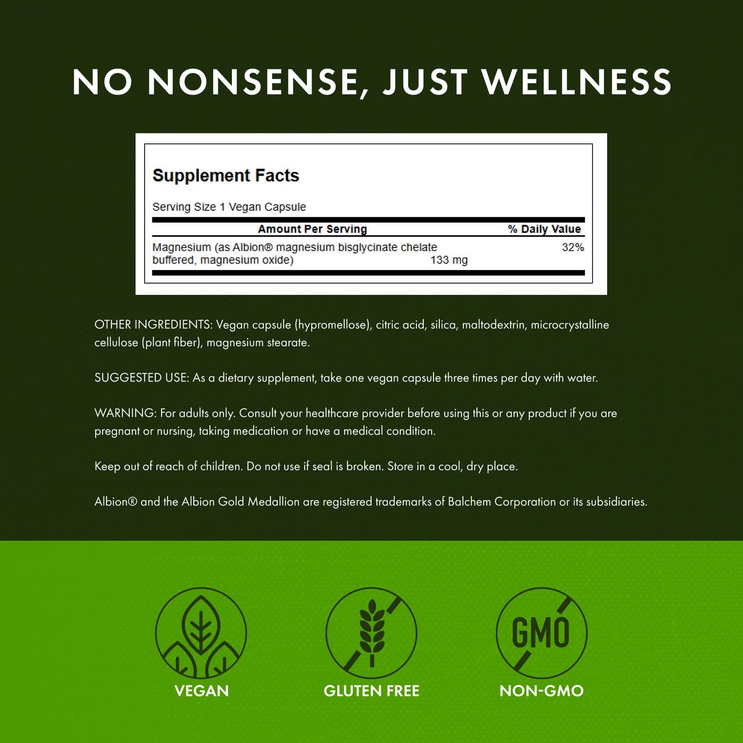 Supplement facts label for Albion Chelated Magnesium 133 mg