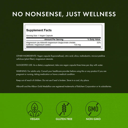 Supplement facts label for Albion Chelated Magnesium 133 mg