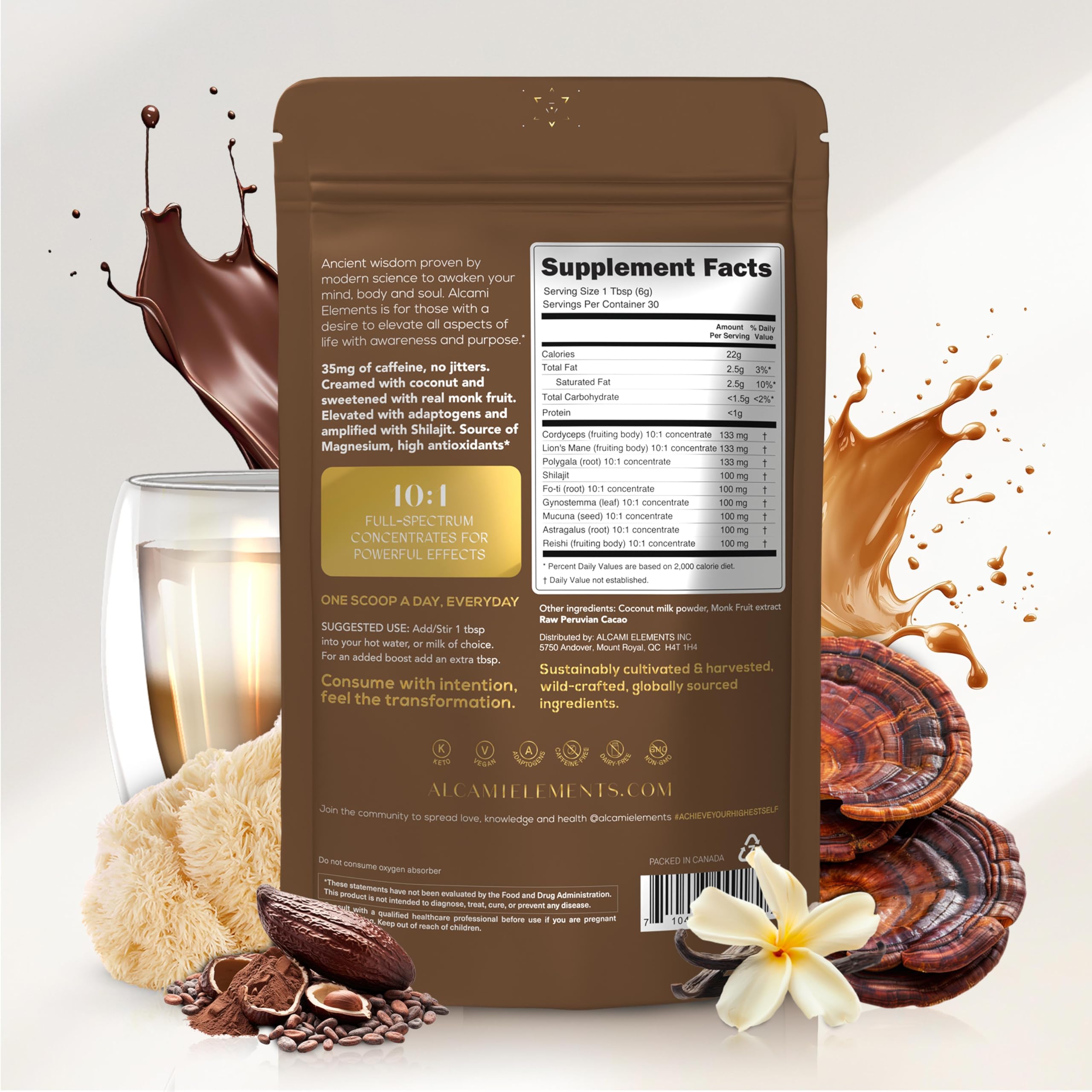 Alcami Elements Cacao Mushroom Coffee 30 servings packaging