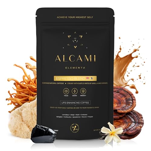 Cup of Alcami Elements Mushroom Espresso coffee with Lion’s Mane, Reishi and Cordyceps