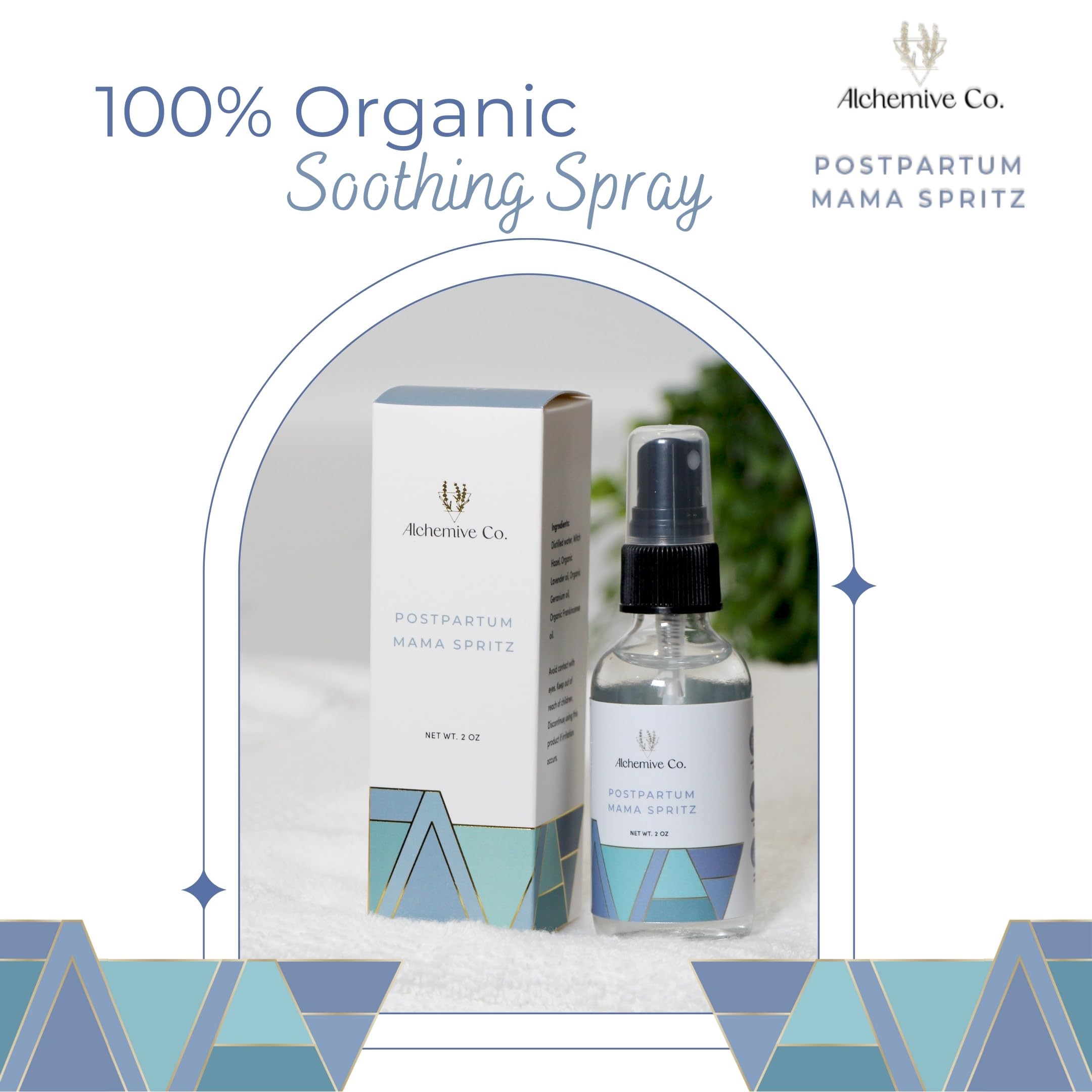 Alchemive Co Mama Spritz lavender-geranium-frankincense blend close-up ingredients.