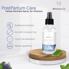Alchemive Co Mama Spritz mist application demonstrates portable postpartum relief.