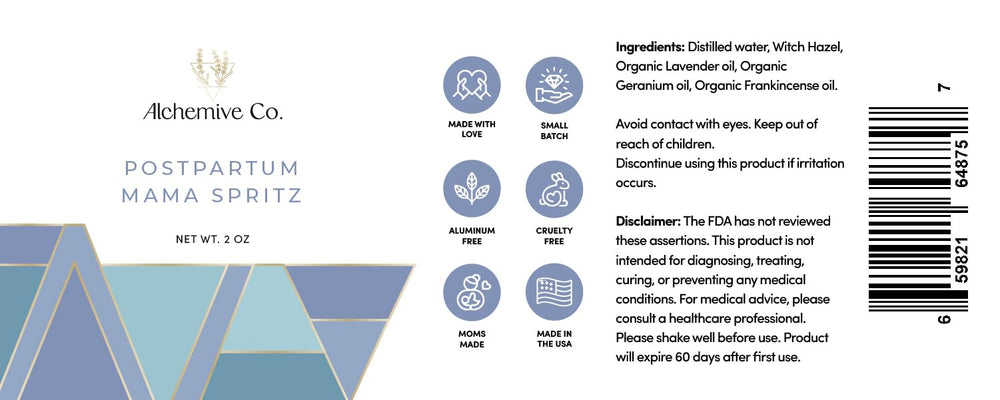 Alchemive Co Mama Spritz postpartum care routine setup.