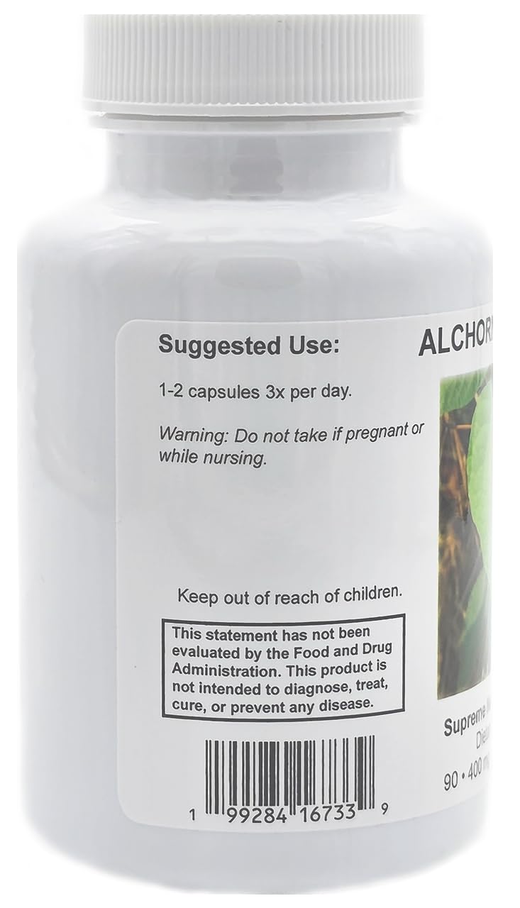 Close-up of Alchornea Supreme vegetarian capsules in bottle