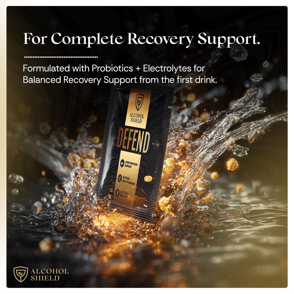 ALCOHOL SHIELD Defend bottle label provides ingredient clarity for transparency.