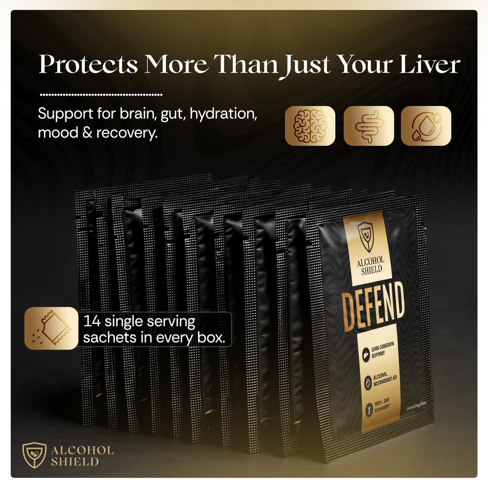 ALCOHOL SHIELD Defend capsules closeup shows immediate and delayed-release for balanced support.