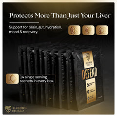 ALCOHOL SHIELD Defend capsules closeup shows immediate and delayed-release for balanced support.