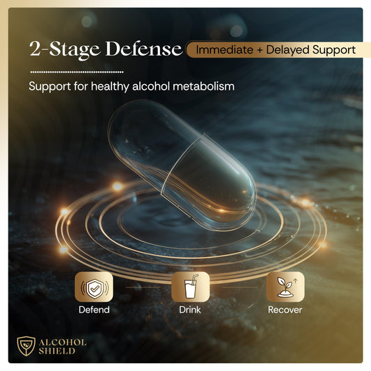 ALCOHOL SHIELD Defend sachet dispensing demonstrates fast-acting support before drinks.