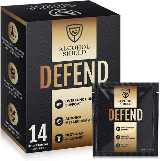 ALCOHOL SHIELD Defend sachet packaging for pre-drinking wellness.