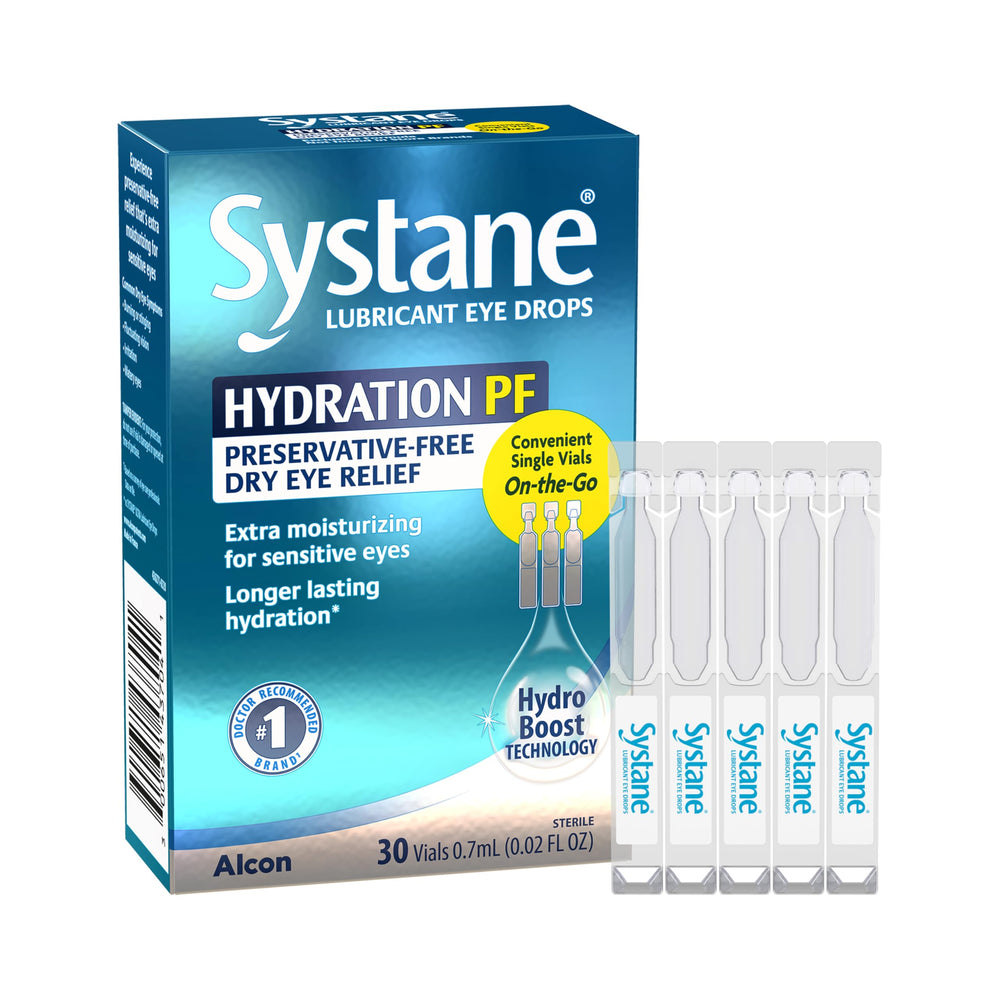 Alcon Hydration preservative-free bottle closeup for fast moisture delivery.