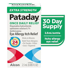Pataday-clear-formulation display suggests non-prescription, non-irritating use.