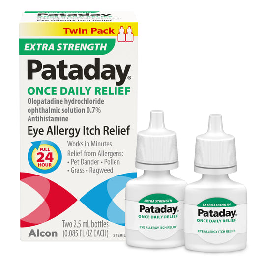 Alcon Pataday Once Daily Relief Extra Strength bottle shown for all-day eye itch relief potential