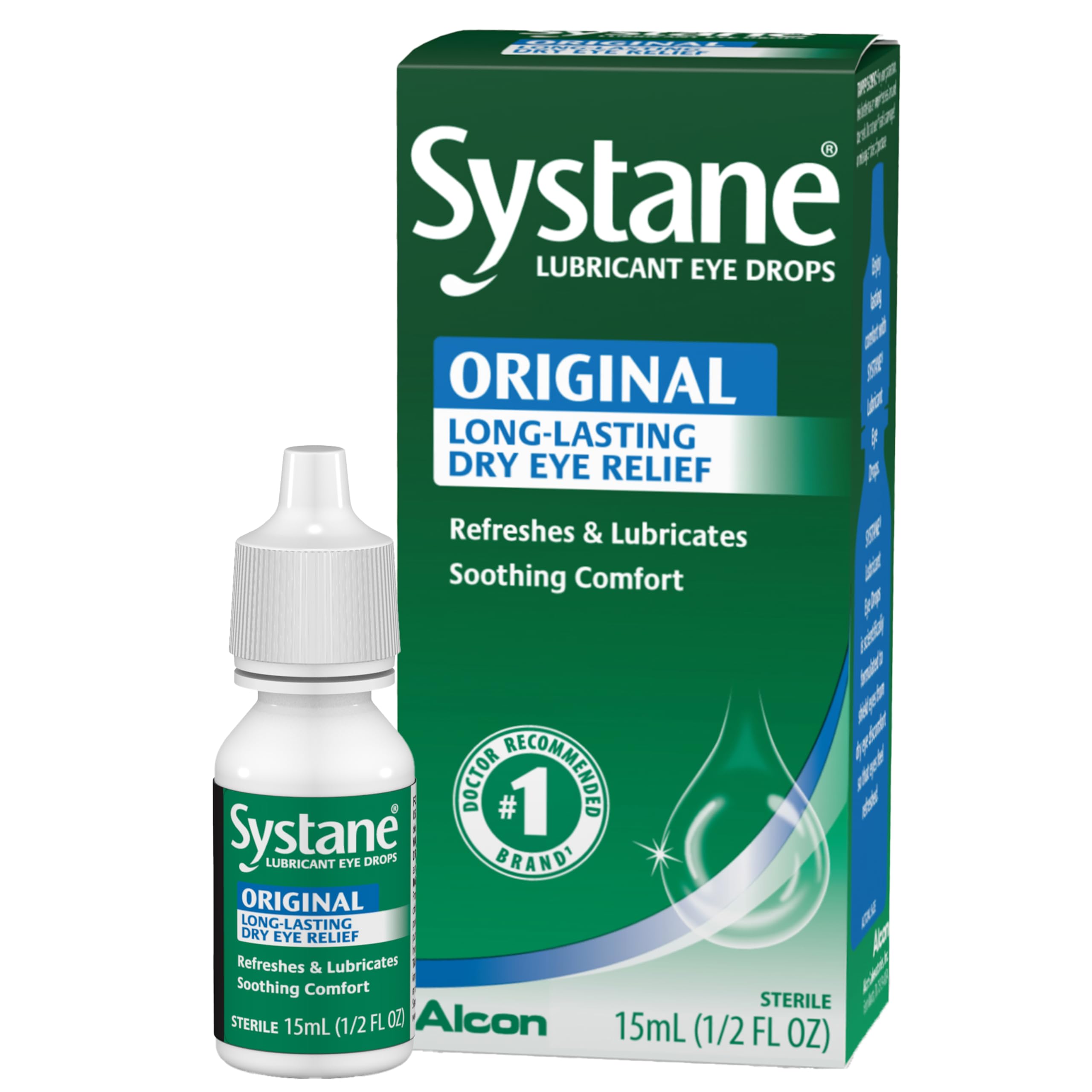 Alcon Systane bottle close-up showcasing long-lasting moisture for dry eyes.