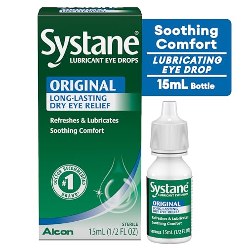 Alcon Systane eye drops bottle with dropper illustrating easy one-drop application.