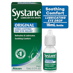 Alcon Systane eye drops bottle with dropper illustrating easy one-drop application.