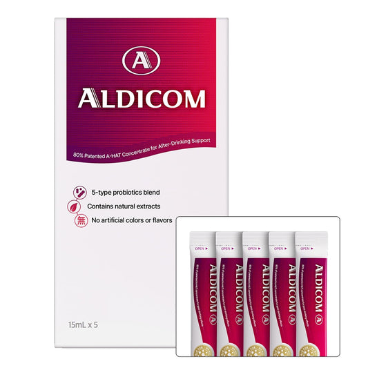 ALDICOM A before drinking stick dispense for pre-party support on the go.