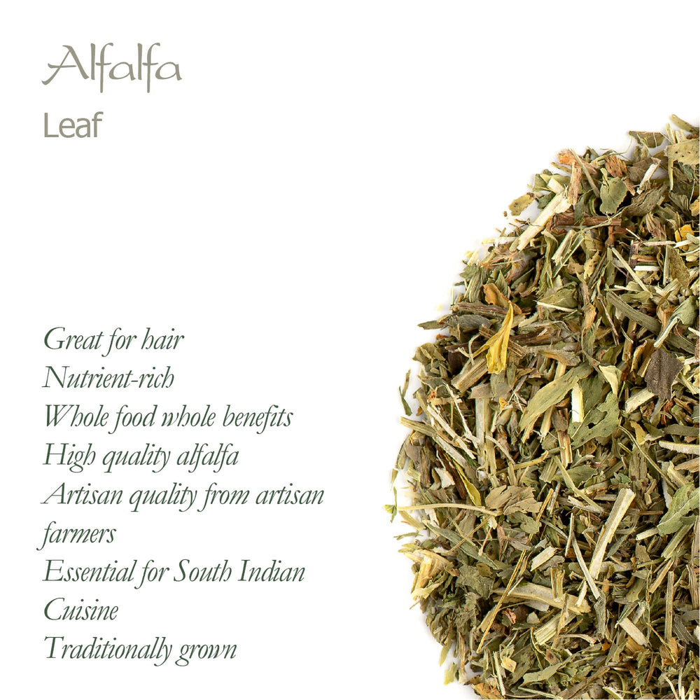 Dried alfalfa herb on wooden surface