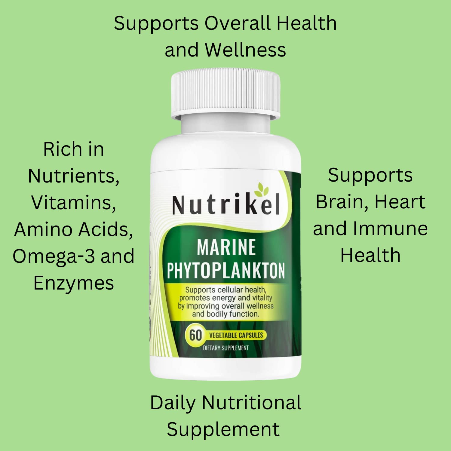 Algae-based omega-3 capsules on white background