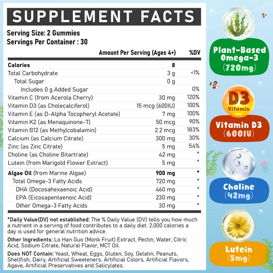 Algae-based DHA and EPA omega-3 for kids