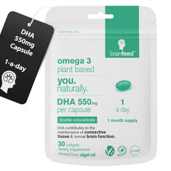 Algae DHA supplements bottle showing 550mg DHA per capsule