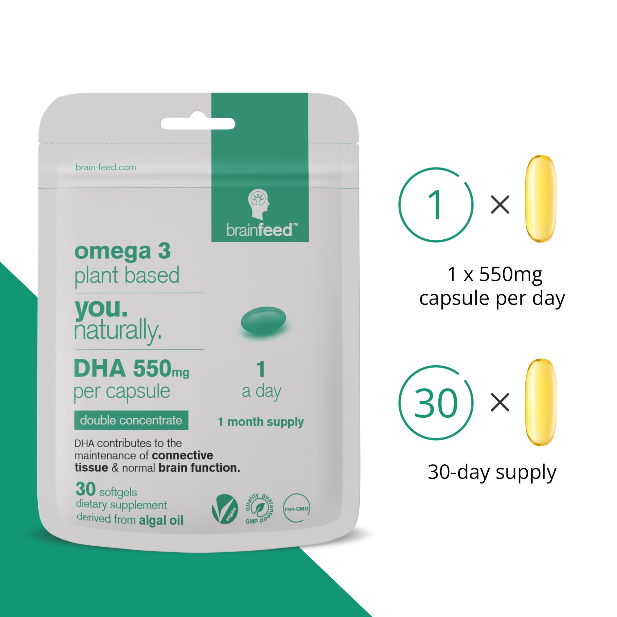 Vegan omega-3 DHA capsules on white background