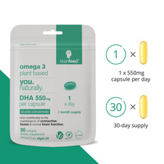 Vegan omega-3 DHA capsules on white background