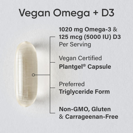 Algae oil omega-3 and vitamin D3 plant-based softgels