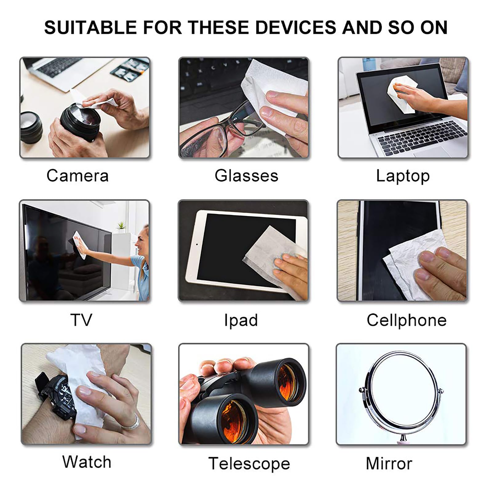 Close-up of wipes cleaning glasses, camera lens and phone screen - image 3