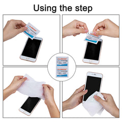 Six-image series showing use and packaging of ALIBEISS lens wipes - image 6