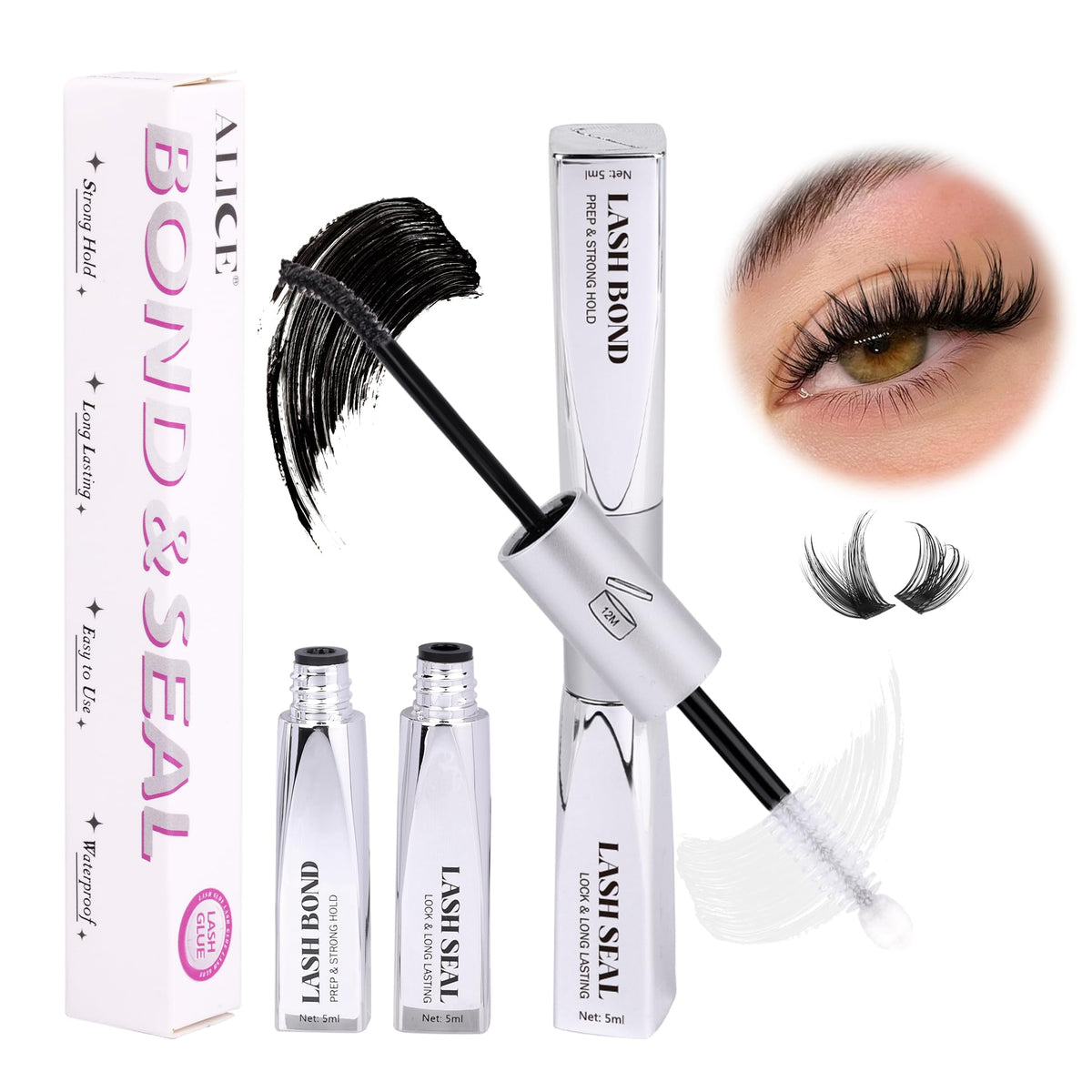 ALICE Lash Glue Bond and Seal bottle close-up for long-lasting wear.