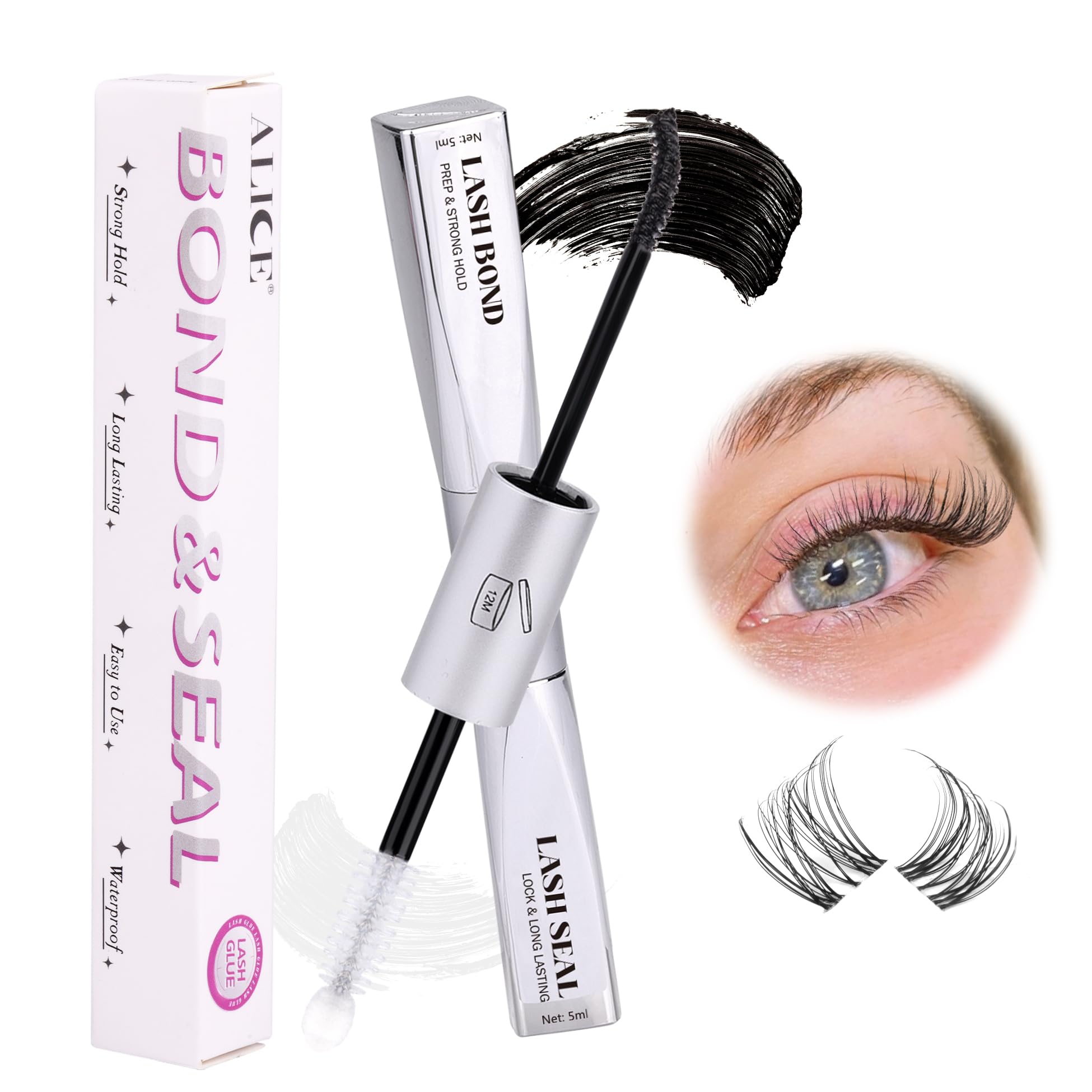 ALICE Lash Glue Bond and Seal label emphasizes 48-72 hour wear.