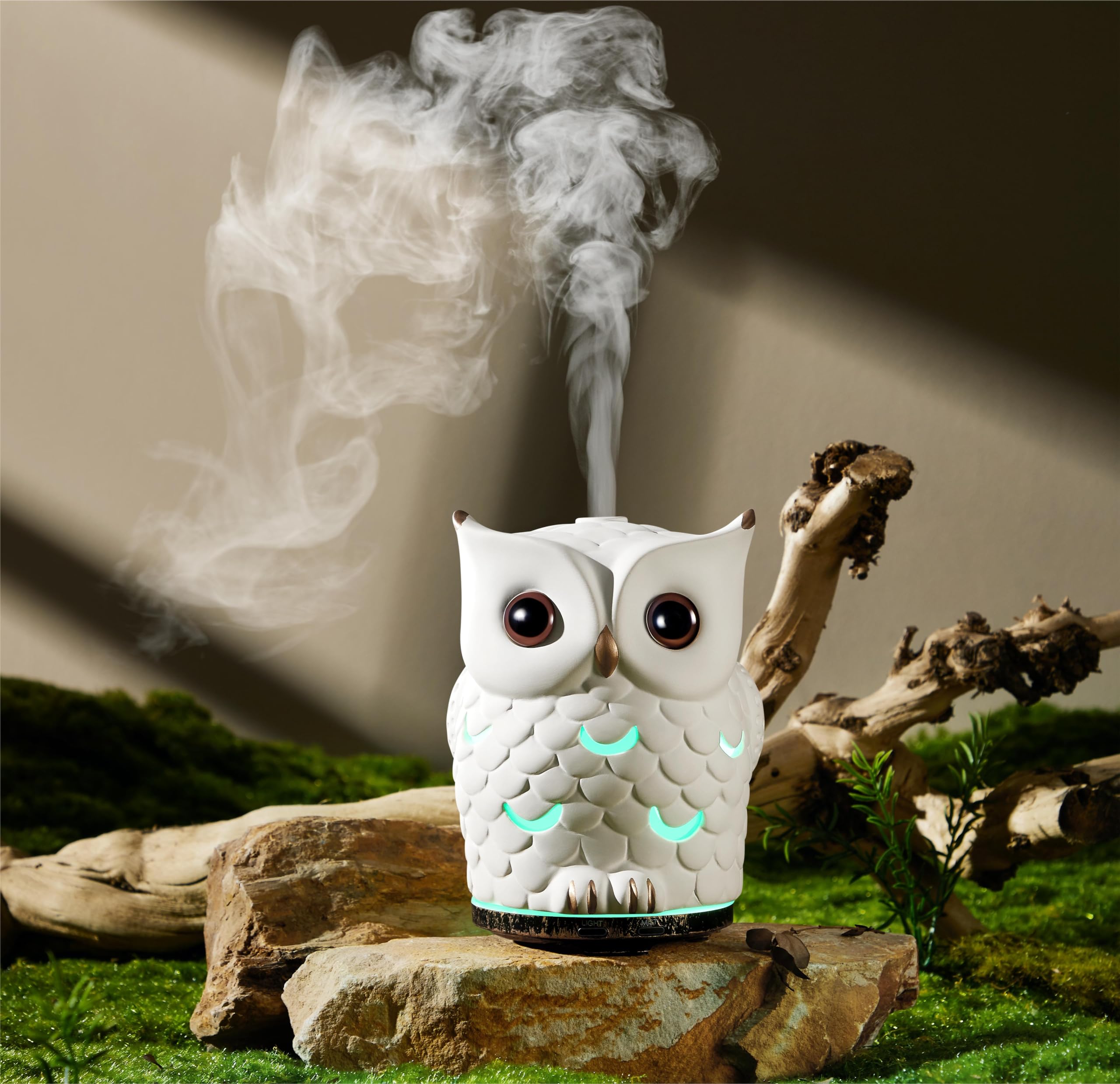 White owl diffuser in a bedroom setting