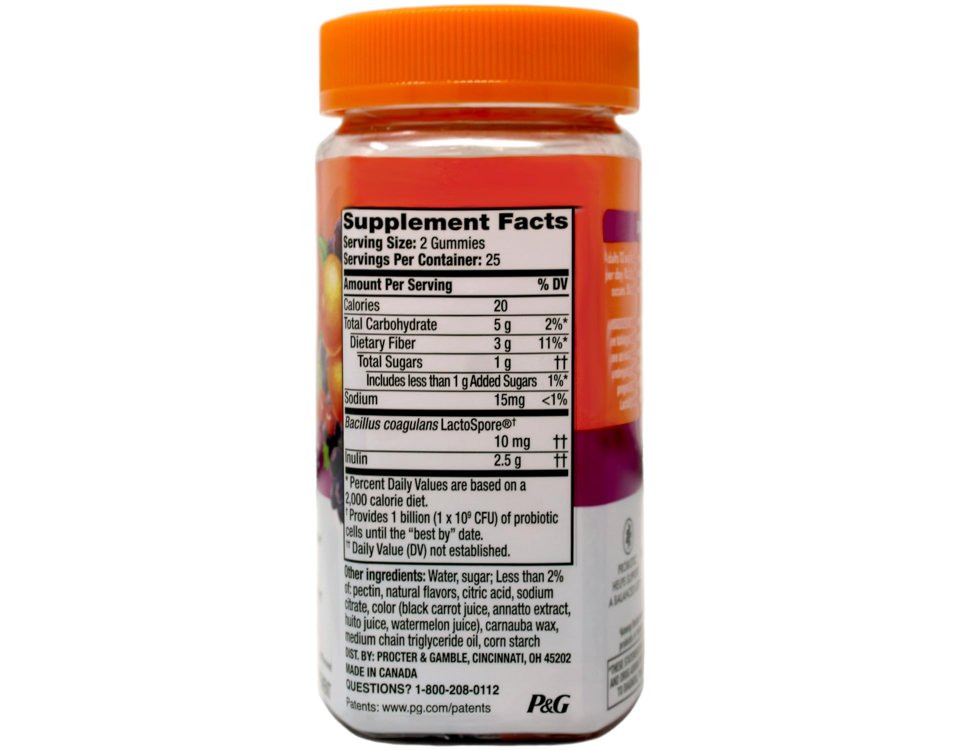 Nutrition facts label for Align Digestive Health gummies